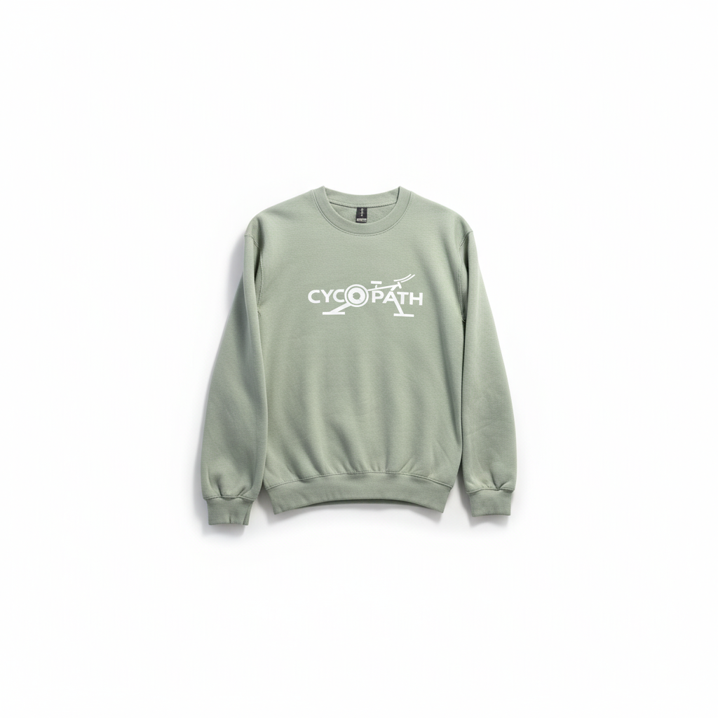 Sage green Cycopath crewneck sweatshirt with bicycle wheel graphic logo