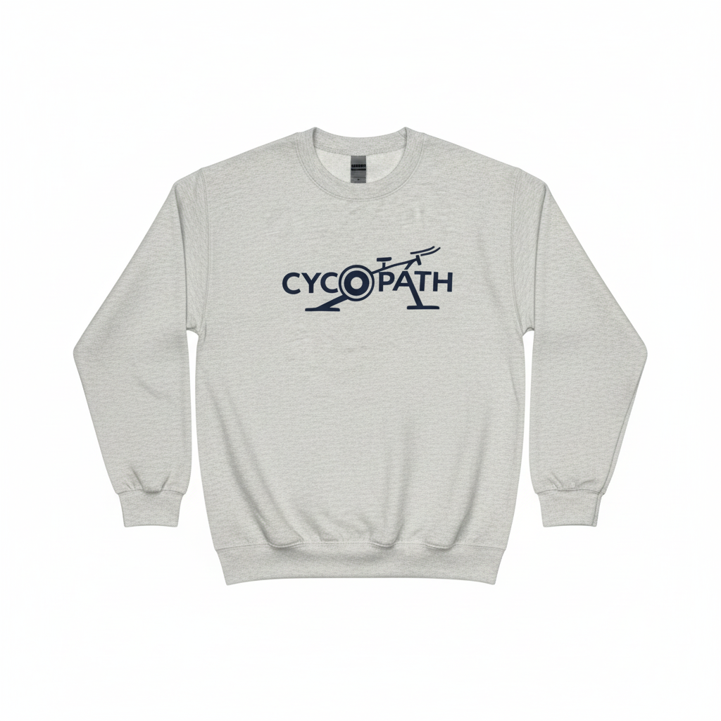 White heathered Cycopath crewneck sweatshirt with bicycle wheel graphic logo