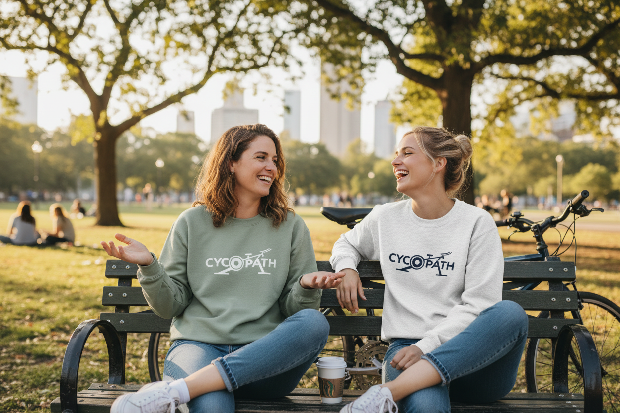 Two women in Cycopath sweatshirts