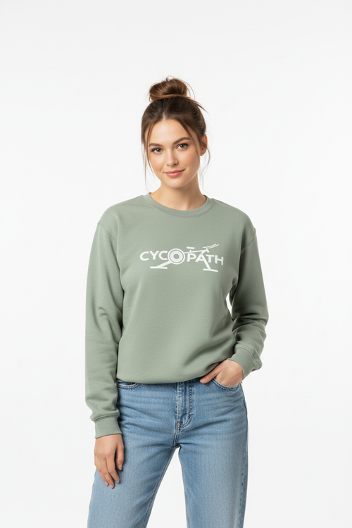 Woman in Sage Green Cycopath Sweatshirt